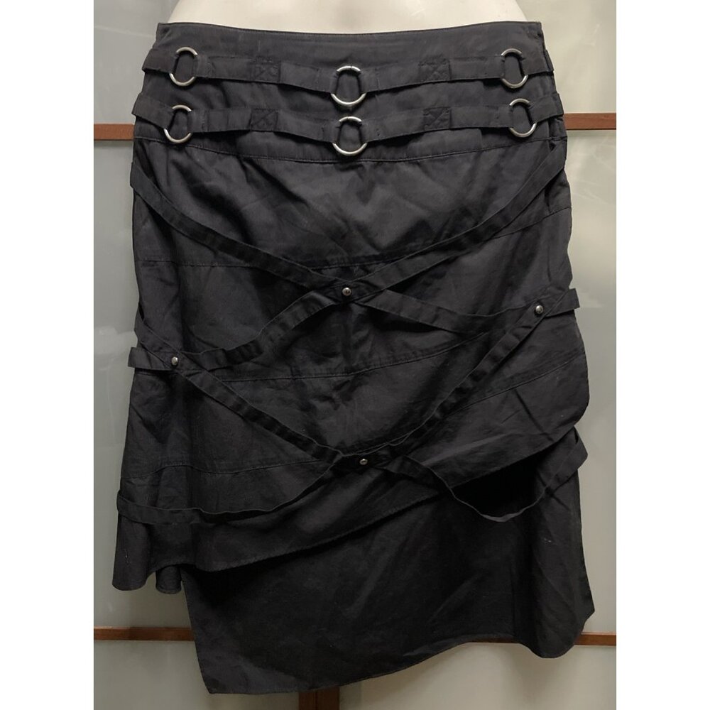 IILIG Y2K Black Net Cyber Goth Rave Grunge Metal Emo Industrial Midi Skirt Sz XS